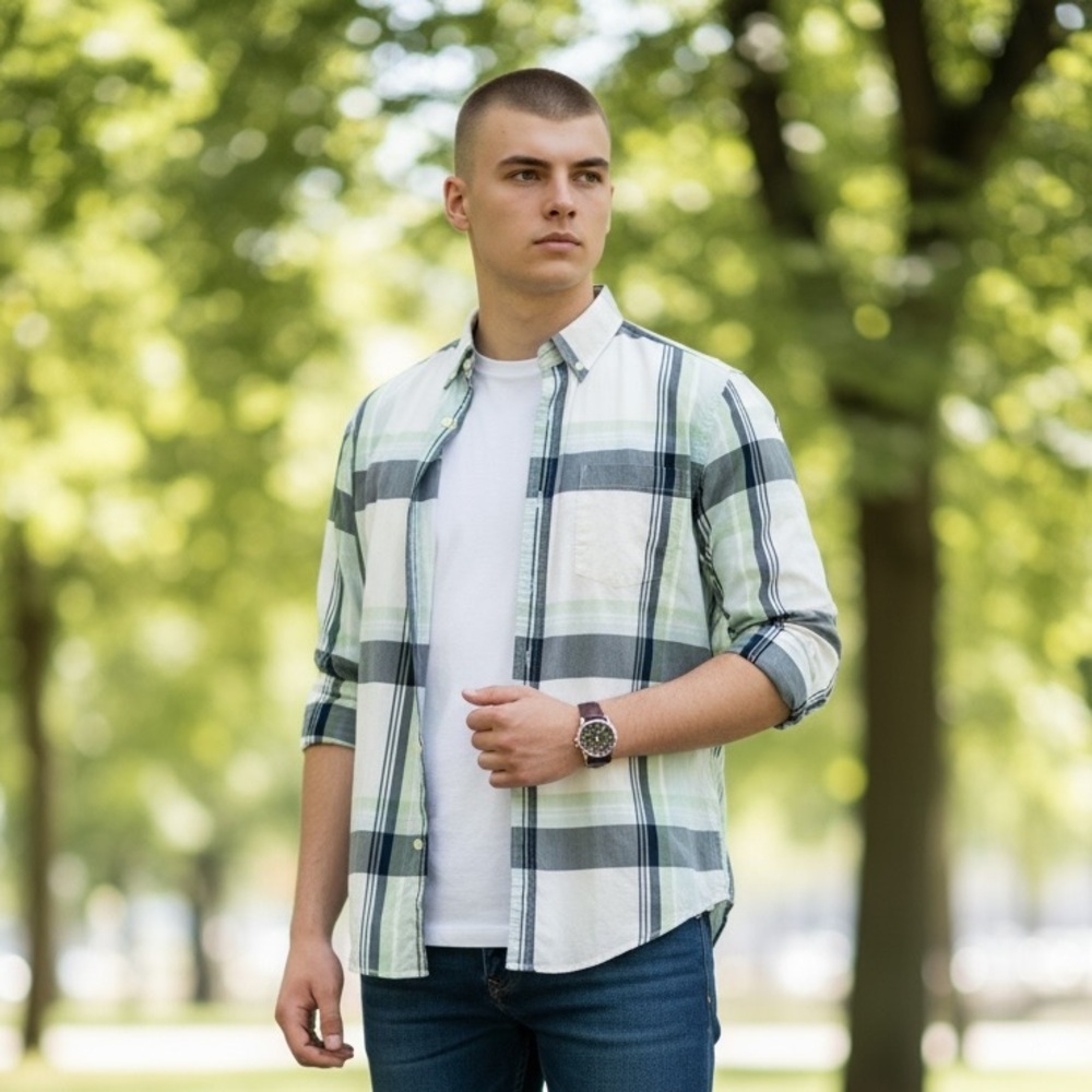 Merona Plaid Button Down Shirt Mens Blue Green White Cotton Long Sleeve Casual